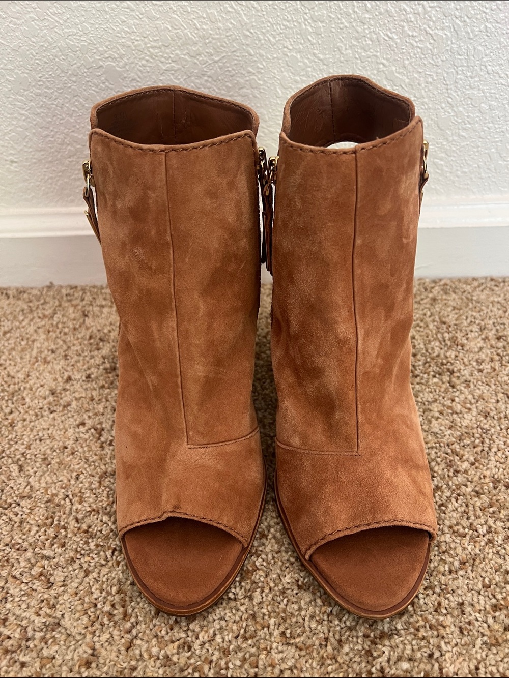 Gianni Bini Tan Suede Peep-Toe Ankle Booties